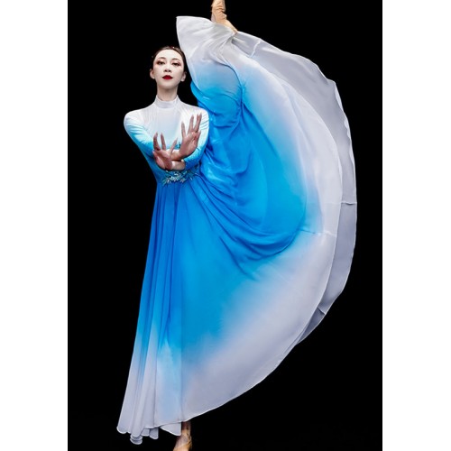 Royal blue gradient chinese folk Classical dance costume for women girls fan dance dresses Chinese style performance opening dance skirts
